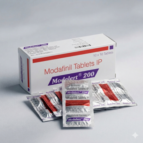 Оптова упаковка оригінального модафінілу modalert 200 mg 100 tab: коробка та 10 блістерів на світлому фоні modalert 200 мг 100