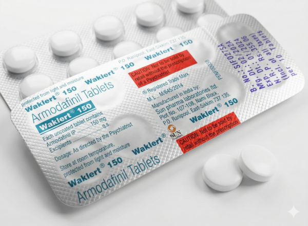 Детальний вигляд блістера Waklert 150 з логотипом Sun Pharma та синьо-помаранчевим маркуванням