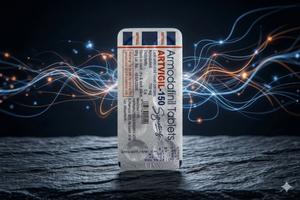 Блістер Artvigil 150 мг на темному фоні з візуалізацією нейронних зв'язків та когнітивної енергії.