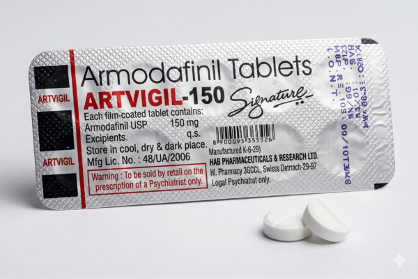 Оригінальний блістер artvigil 150 mg від HAB Pharma та дві білі таблетки армодафінілу на світлому фоні.