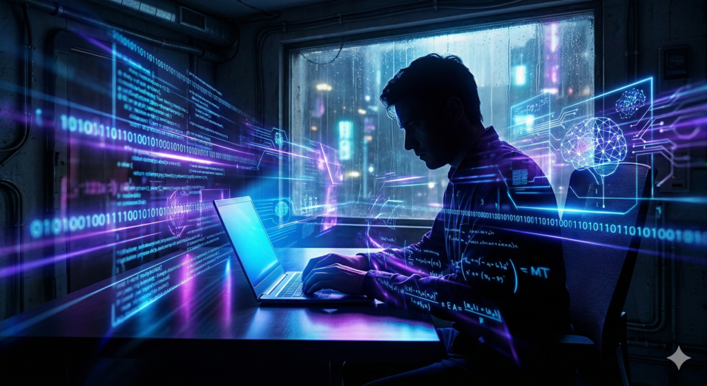 Biohacker working intensely on a laptop demonstrating armodafinil benefits and extreme focus