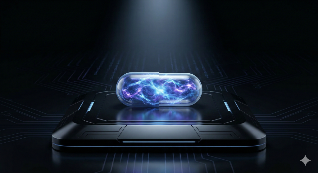 Glowing premium armodafinil pill on a high-tech pedestal showing that the smart drug effectively works