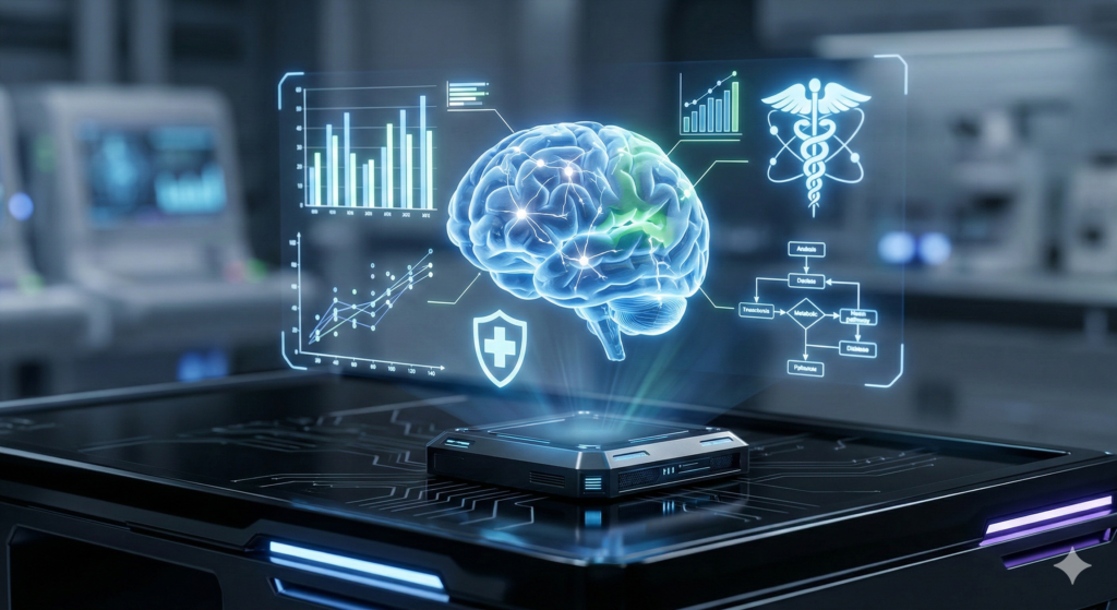 Medical hologram of a brain displaying optimal armodafinil dosage and safety data