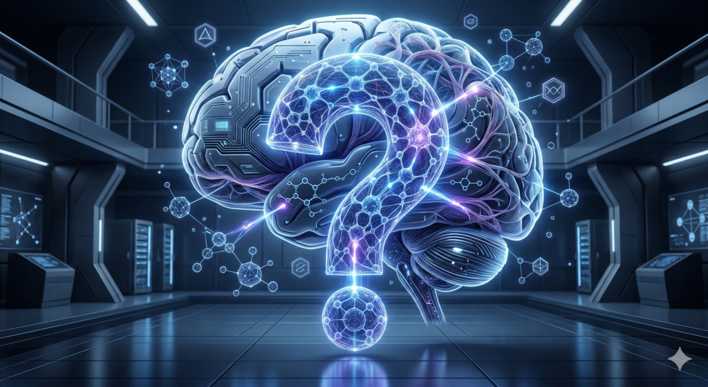 Digital brain shaped as a question mark answering frequently asked questions about armodafinil