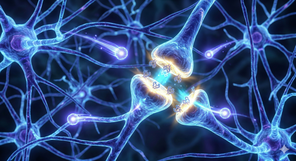 Neurons firing in the brain showing the armodafinil mechanism of action and dopamine reuptake inhibition