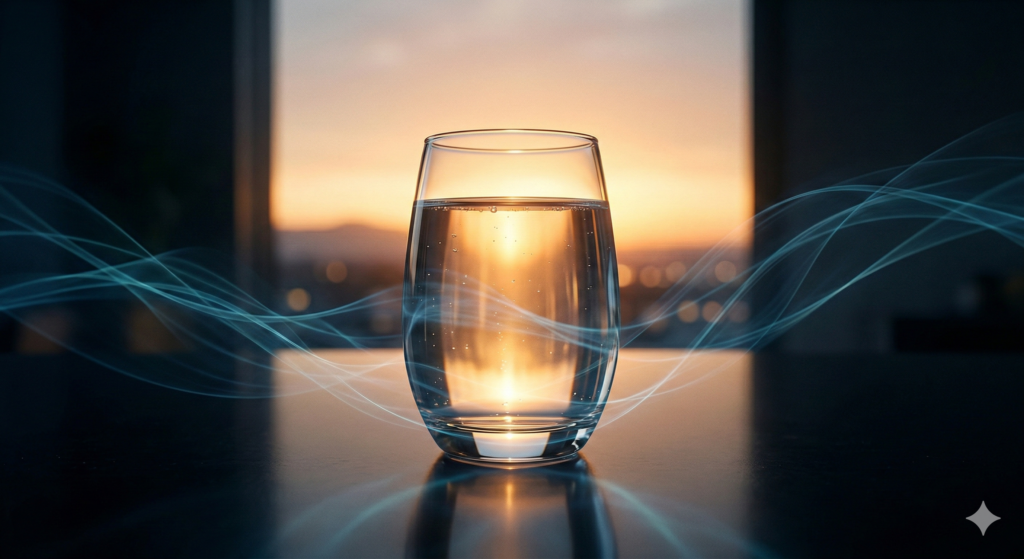 Glass of water with glowing energy highlighting how to prevent armodafinil side effects through hydration