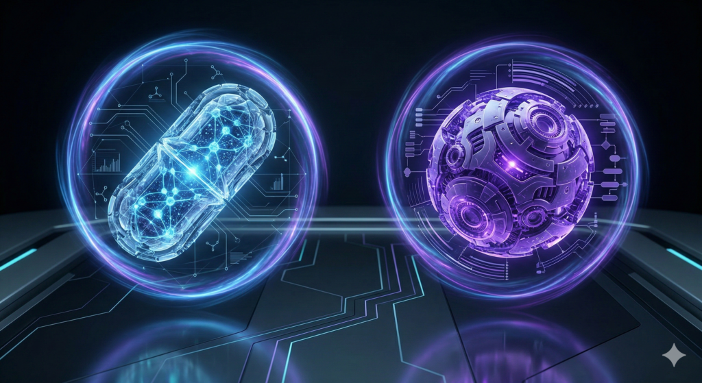 Two glowing futuristic capsules illustrating the comparison of best generics: waklert vs artvigil