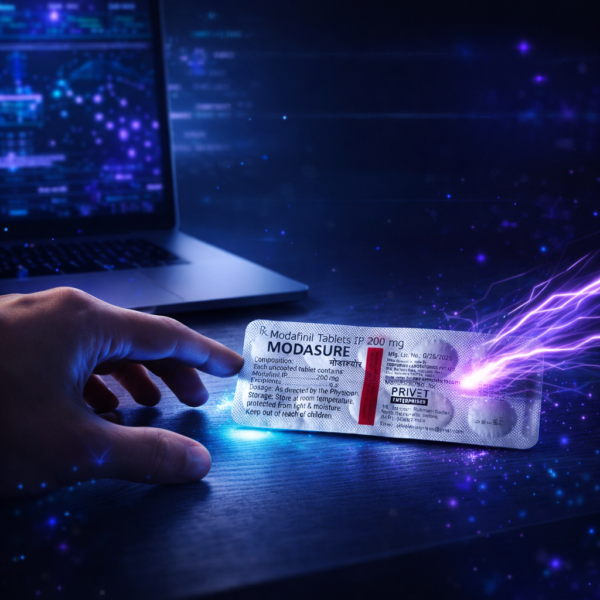 boost-brain-power-modasure-en. Modasure blister on a programmer's desk. A safe and incredibly fast way to boost brain power before a complex task.