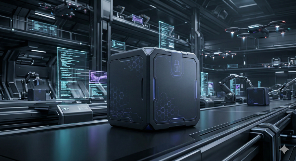 Secure futuristic package on a conveyor belt representing where to safely buy armodafinil online with fast delivery