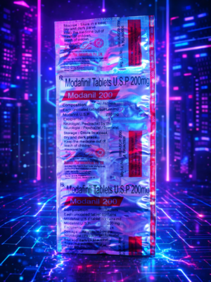 Modanil 200 mg Johnlee packaging on a cybernetic neon background. Buy modafinil 200 mg online for maximum productivity and focus. Worldwide shipping available.