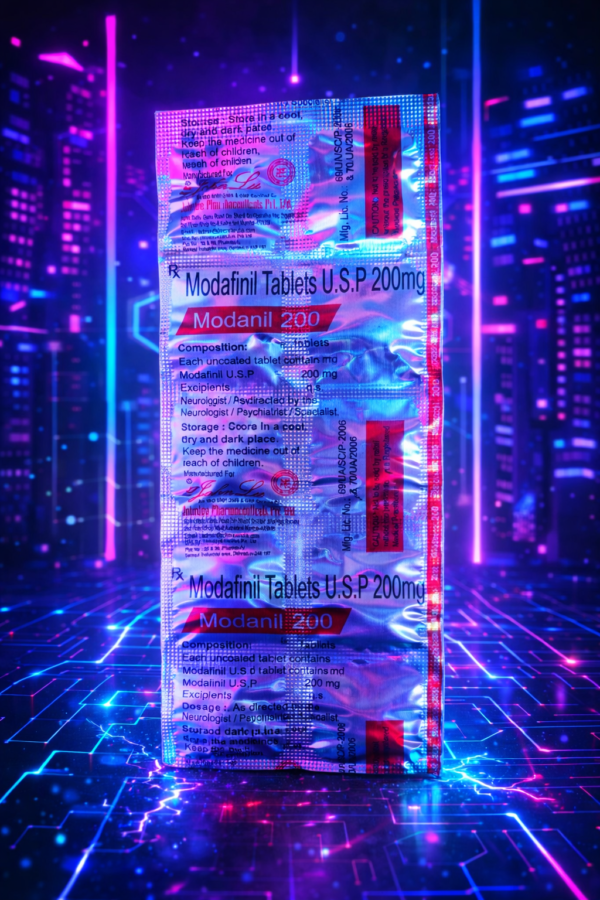 Modanil 200 mg Johnlee packaging on a cybernetic neon background. Buy modafinil 200 mg online for maximum productivity and focus. Worldwide shipping available.