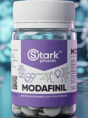 Original packaging of Stark Pharm Modafinil on a cyber-lab background. Modern biohacking supplements for maximum productivity.