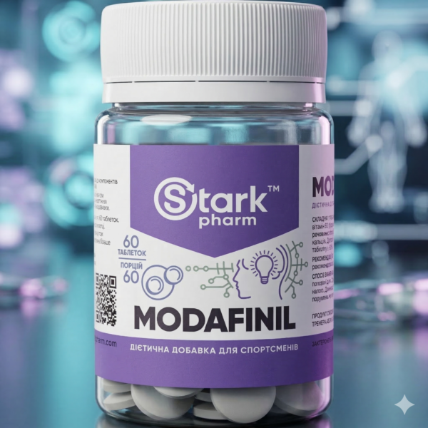 buy-modafinil-stark-pharm Original packaging of Stark Pharm Modafinil on a cyber-lab background. Modern biohacking supplements for maximum productivity.