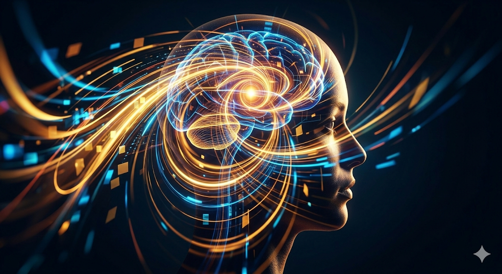 Human brain profile with golden energy lines showing Modafinil benefits and nootropics for deep work