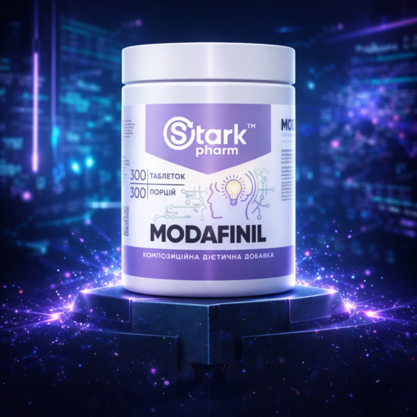 White jar on a neon technological pedestal. The most cost-effective modafinil bulk buy for long-term use and daily energy.