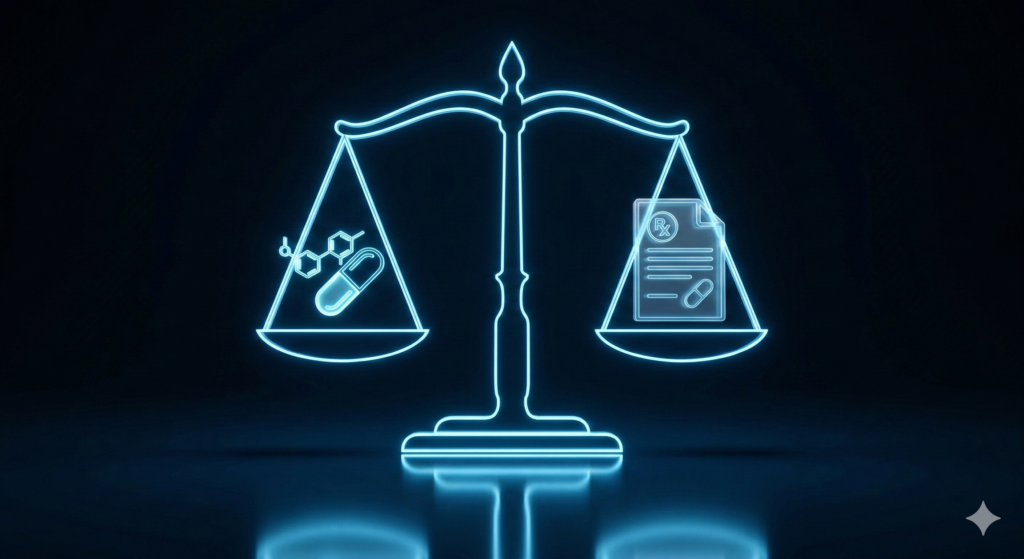 Legal status of Modafinil visualized as glowing blue scales balancing a pill against a medical prescription, showing the difference between a controlled substance and a supplement