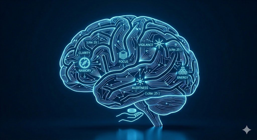 Diagram of the brain showing Modafinil mechanism of action: focus, energy, alertness, and memory