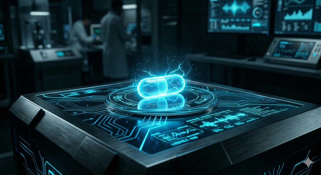 Glowing Modafinil pill on a futuristic pedestal proving the smart drug works