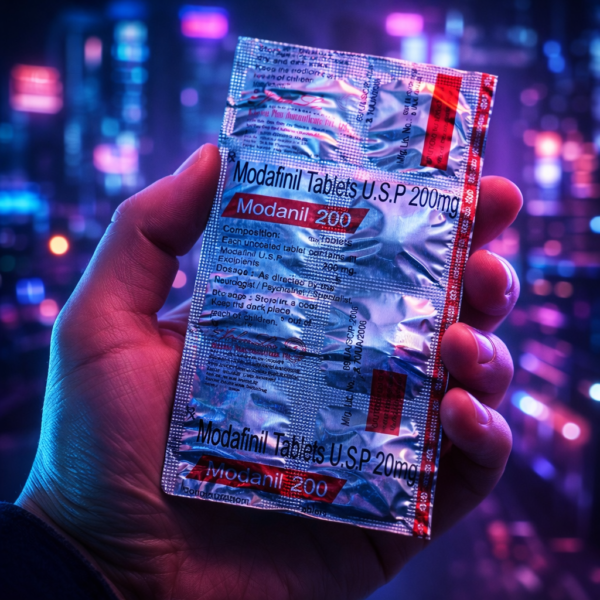 Original Modanil 200 Johnlee blister in hand against a neon city background. Effective cognitive enhancer for prolonged mental work.