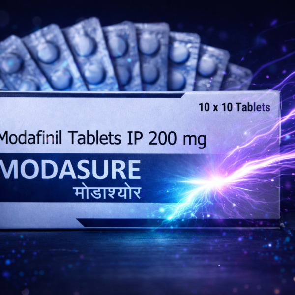 Detailed view of 10 blisters inside the Modasure 100 tablets box. Economical large packaging for creating a reliable supply of cognitive enhancers.