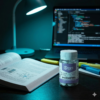 Nootropic bottle on a desk with books and a laptop. The most effective nootropics for studying, concentration, and exam prep.