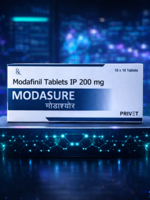 Large box of Privet Pharma Modasure 200 100 tablets on a technological cyber pedestal. The best bulk nootropics for long-term productivity.