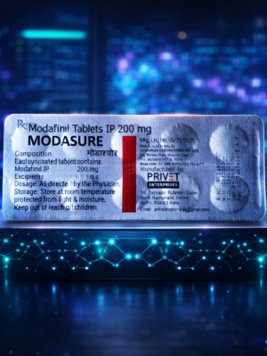 Original blister of Privet Pharma Modasure 200 on a technological cyber pedestal. Premium nootropic for productivity.