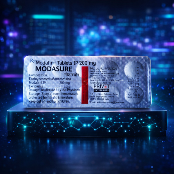privet-pharma-modasure-200-en Original blister of Privet Pharma Modasure 200 on a technological cyber pedestal. Premium nootropic for productivity.