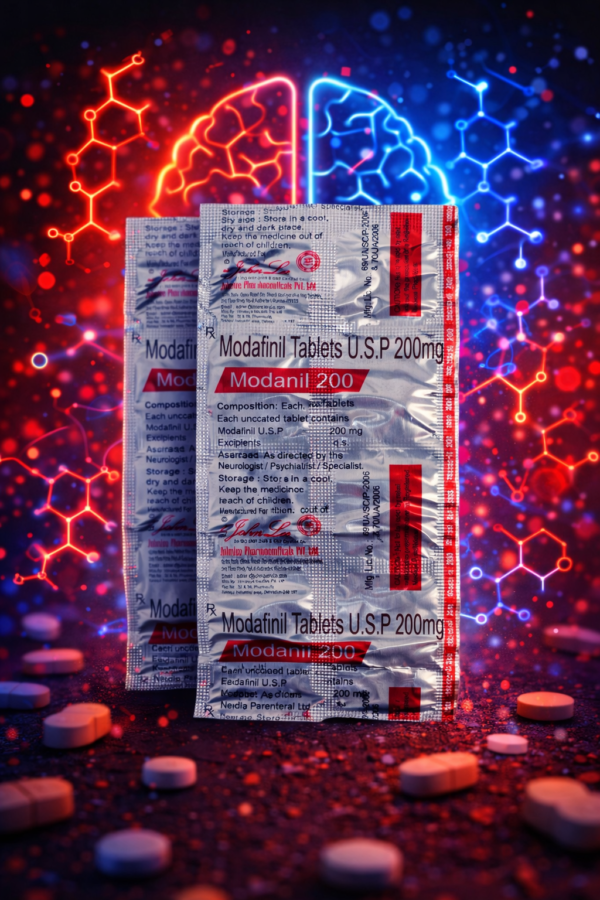 Modanil 200 blisters and pills against the background of neural connections. High-quality Indian modafinil, which is a safe and exact Provigil generic.