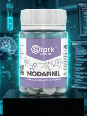 Оригинальная упаковка Stark Pharm Modafinil на фоне кибер-лаборатории. Современные биохакинг препараты для максимальной продуктивности.