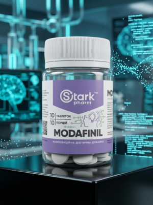 Original compact packaging of Stark Pharm Modafinil 100mg. Convenient format modafinil 100mg 10 tablets in a modern lab setting.