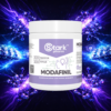Original white jar of Stark Pharm Modafinil 300 tablets against a background of molecular connections. Premium nootropic for maximum productivity.