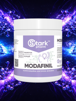 Original white jar of Stark Pharm Modafinil 300 tablets against a background of molecular connections. Premium nootropic for maximum productivity.