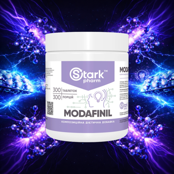 Original white jar of Stark Pharm Modafinil 300 tablets against a background of molecular connections. Premium nootropic for maximum productivity.