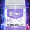 Оригинальная упаковка Stark Pharm Modafinil Plus на кибернетическом фоне. Удобный формат модафинил плюс 100 мг 20 капсул с красными капсулами.