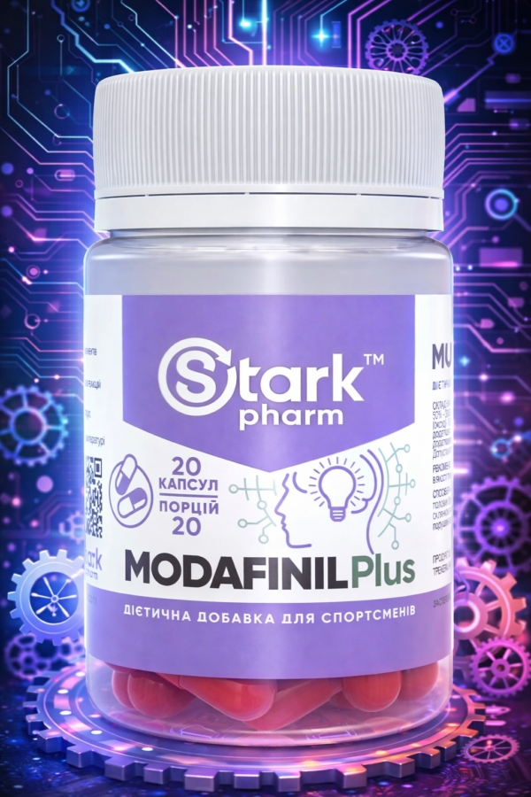 Оригинальная упаковка Stark Pharm Modafinil Plus на кибернетическом фоне. Удобный формат модафинил плюс 100 мг 20 капсул с красными капсулами.