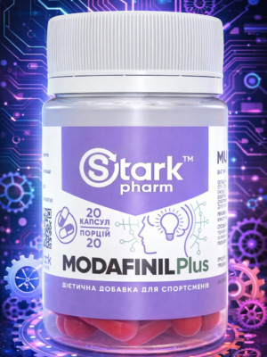 Original Stark Pharm Modafinil Plus packaging on a cybernetic background. Convenient modafinil plus 100mg 20 capsules format with red capsules.
