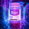 Рука тянется к банке Stark Pharm в неоновом освещении. Мощные и безопасные стимуляторы мозга для максимальной продуктивности и энергии.