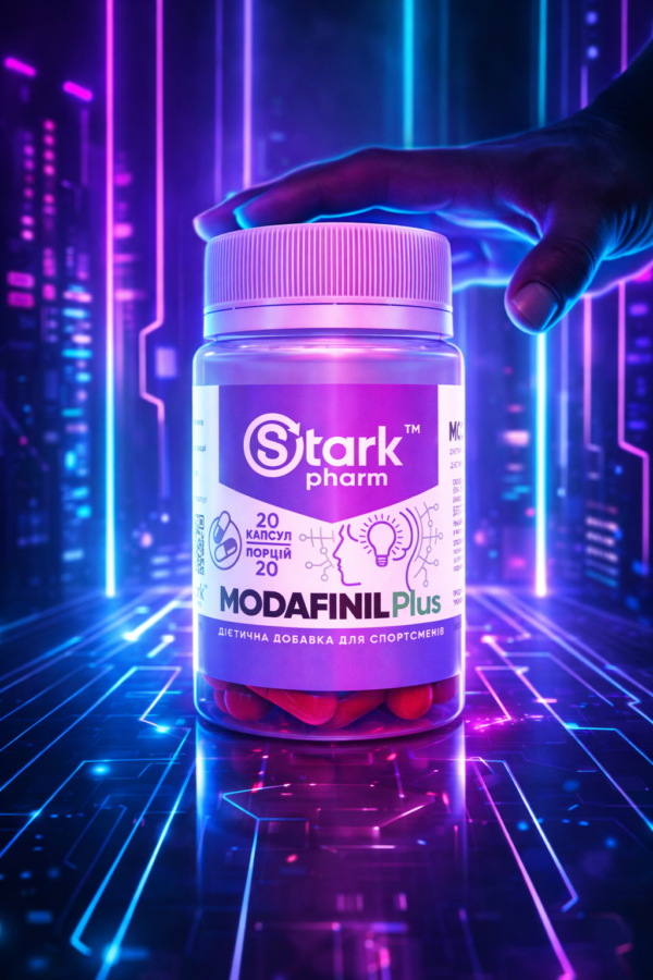 Рука тянется к банке Stark Pharm в неоновом освещении. Мощные и безопасные стимуляторы мозга для максимальной продуктивности и энергии.