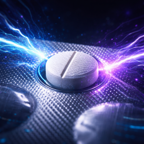 wakefulness-pills-modasure-en Close-up of a white Modasure tablet with neon energy. The absolute best wakefulness pills that do not exhaust the nervous system.