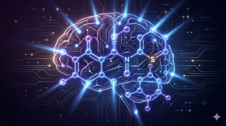 Glowing digital brain with chemical structure explaining what is armodafinil and how it works