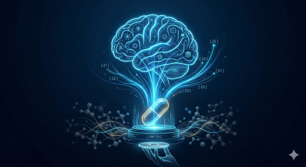 Glowing brain and a Modafinil pill representing cognitive enhancement