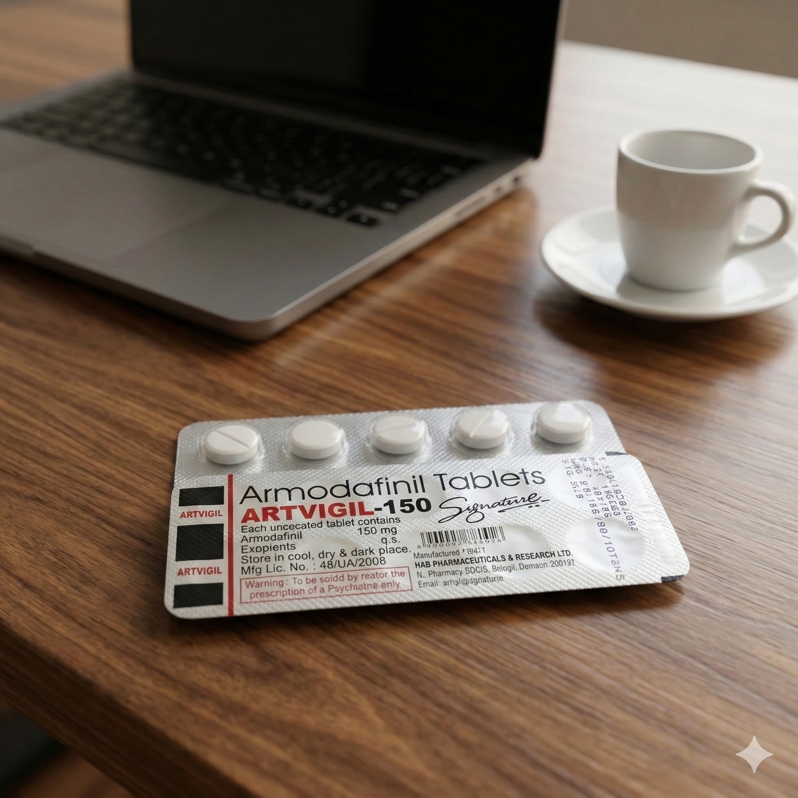Artvigil 150 mg HAB Pharma on a desk for deep work